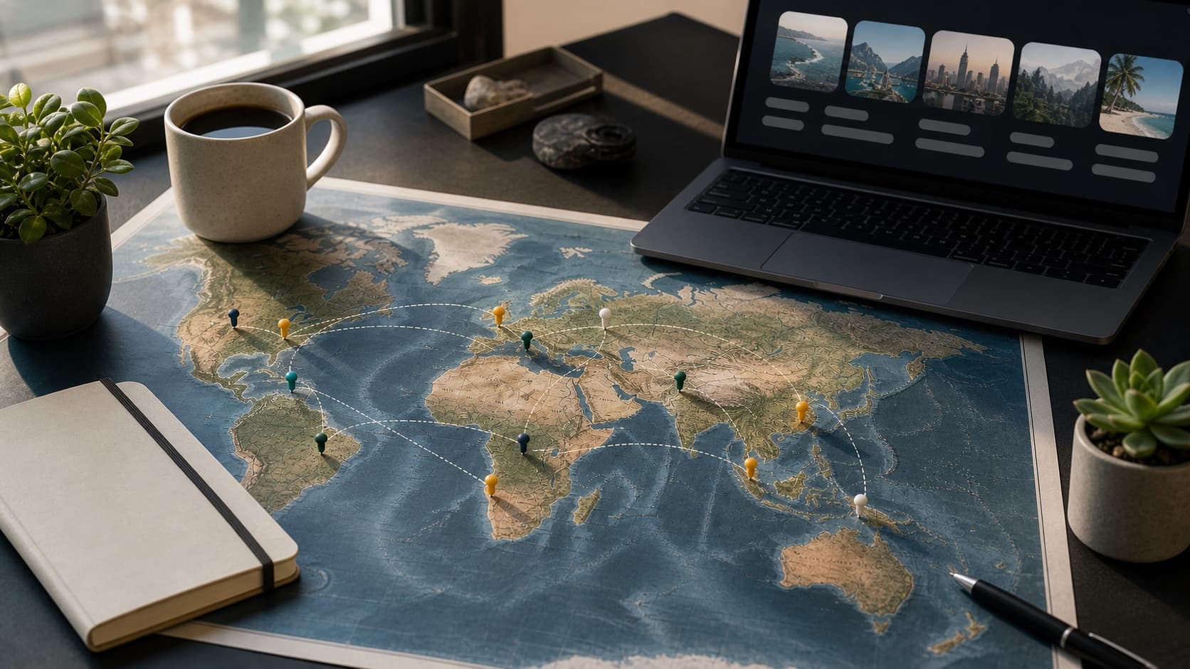 World map with city pins for Lumli Escape